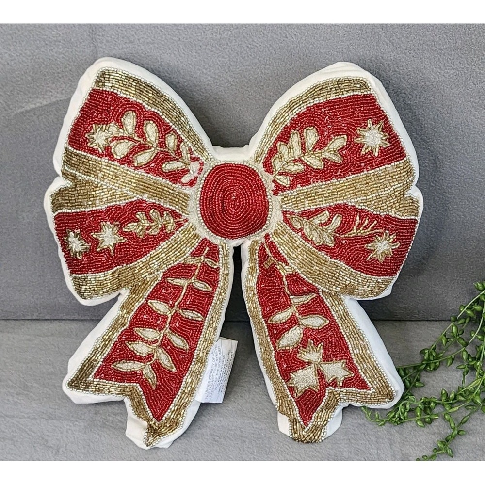 Christmas Red Gold Beaded Bow Coquette Decorative Pillow Home‎ Decor 16x16 NEW